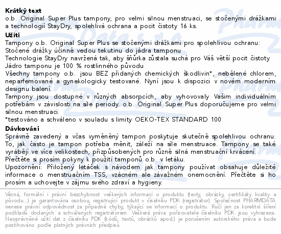 Informace o produktu:<br> o.b. tampony Original Super Plus 16ks