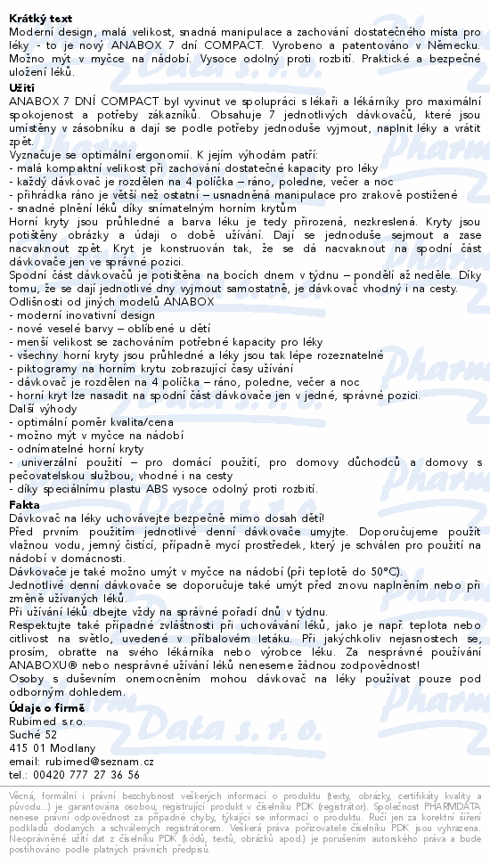Informace o produktu:<br> Dávkovač na léky - modrý ANABOX 7 dní COMPACT