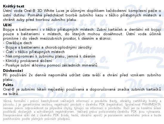 Informace o produktu:<br> Oral-B ústní voda 3D White Luxe 500ml