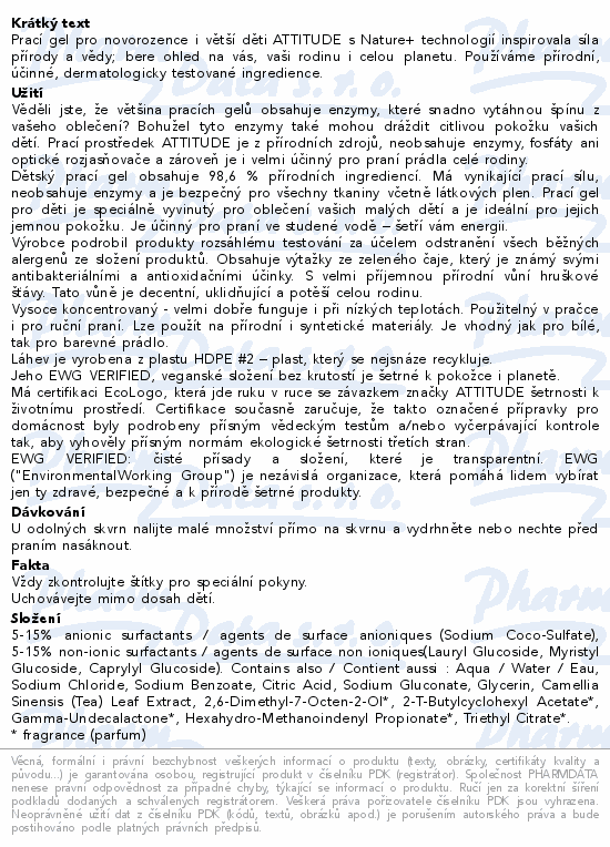 Informace o produktu:<br> ATTITUDE Prací gel pro děti hruška 1040ml