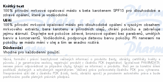 Informace o produktu:<br> VIVACO mrkvové opalovací máslo SPF15 150ml
