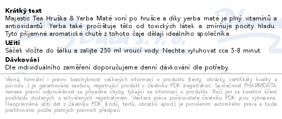Informace o produktu:<br> Čaj Majestic Tea Hruška&Yerba Maté 20x2.5g
