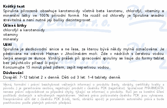 Informace o produktu:<br> Spirulina tbl.750 BIO NUPREME