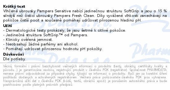 Informace o produktu:<br> Pampers vlhčené ubrousky Sensitive 52ks