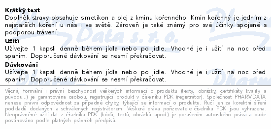 Informace o produktu:<br> SIMETHICON 80mg s olejem kmínu kořenného cps.50