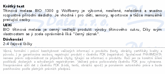 Informace o produktu:<br> Třtinová melasa BIO 1300 g Wolfberry