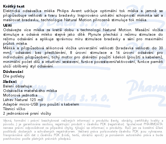 Informace o produktu:<br> AVENT Odsávačka mat.ml.Natural elektronická Single