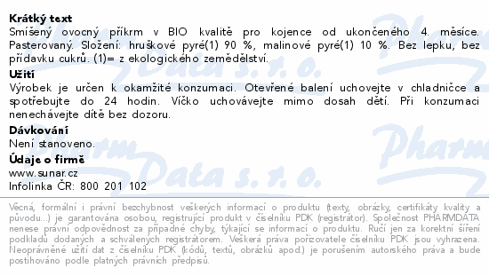 Informace o produktu:<br> Sunar BIO kapsička Hruška malina 100g