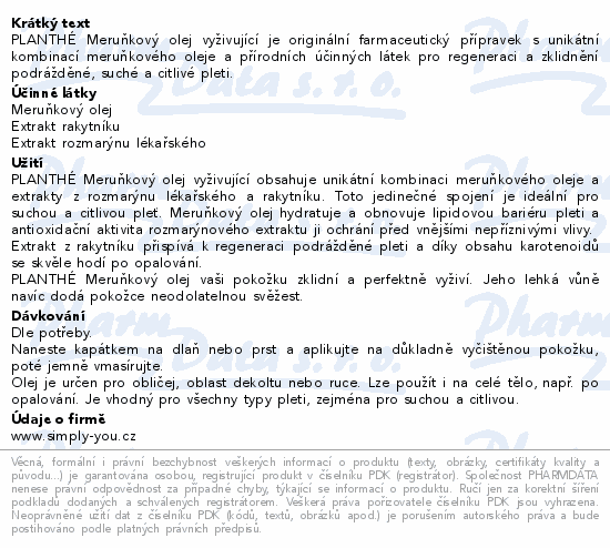 Informace o produktu:<br> PLANTHÉ Meruňkový olej vyživující 50 ml