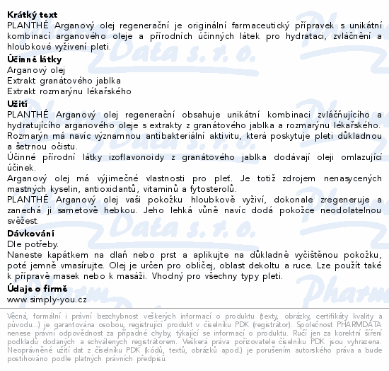 Informace o produktu:<br> PLANTHÉ Arganový olej regenerační 50 ml