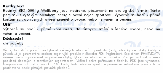 Informace o produktu:<br> Rozinky BIO 500 g Wolfberry