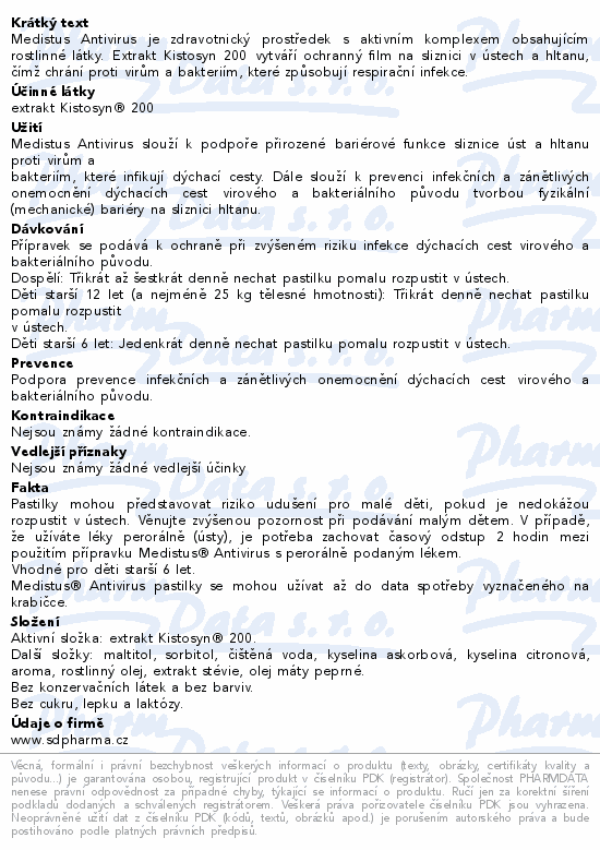 Informace o produktu:<br> Medistus Antivirus 10 pastilek