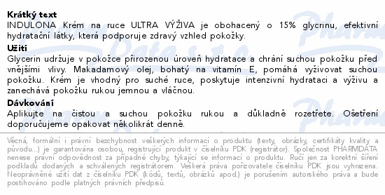 Informace o produktu:<br> INDULONA krém na ruce ultra výživa 50ml