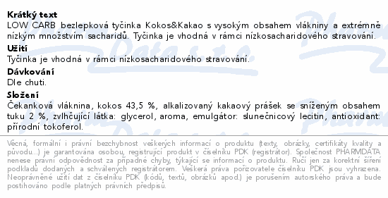Informace o produktu:<br> LOW CARB tyčinka kokos&kakao 40g TOPNATUR