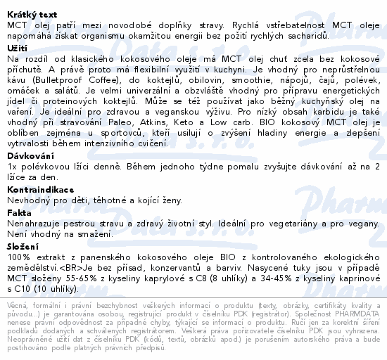 Informace o produktu:<br> Kokosový olej MCT BIO 500ml Wolfberry