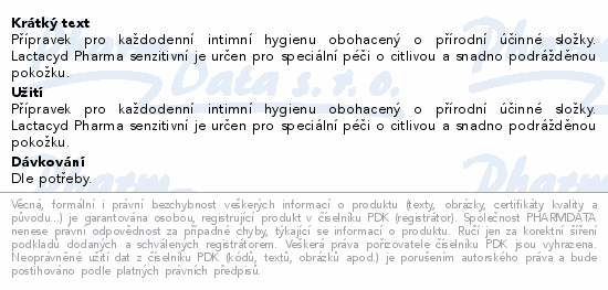 Informace o produktu:<br> Lactacyd Pharma senzitivní 250ml+ubrousky ZDARMA