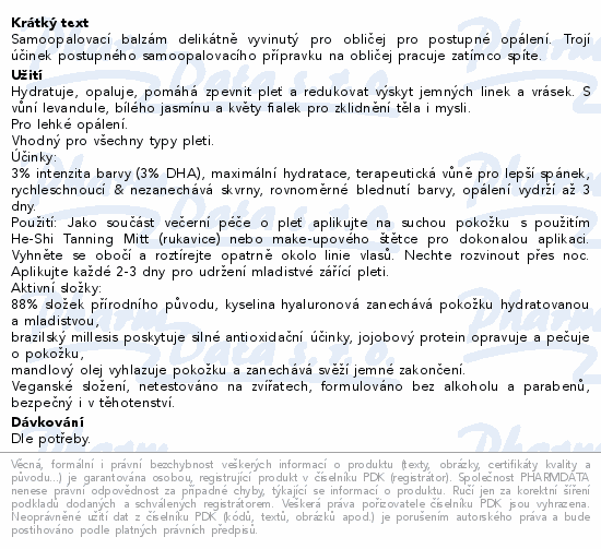 Informace o produktu:<br> He-Shi Overnight Hyaluronic Tan Balm 50ml