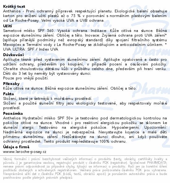 Informace o produktu:<br> LA ROCHE-POSAY ANTHELIOS mléko hydrata.SPF50+ 75ml