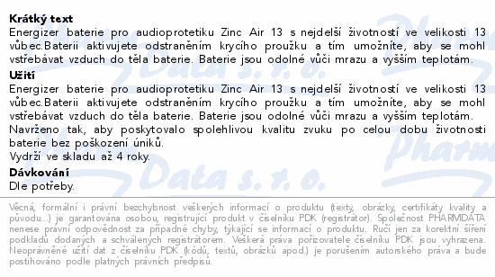 Informace o produktu:<br> Energizer Baterie do naslouchadel Zinc Air 13 8ks