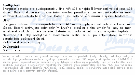 Informace o produktu:<br> Energizer Baterie do naslouchadel Zinc Air 675 4ks