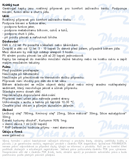 Informace o produktu:<br> Gastrogal 20ml Galmed