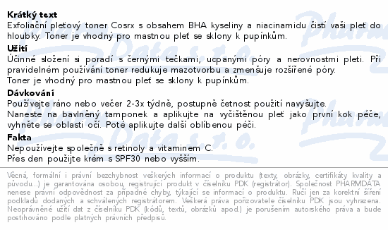 Informace o produktu:<br> COSRX BHA exfoliační pleťový toner 100ml