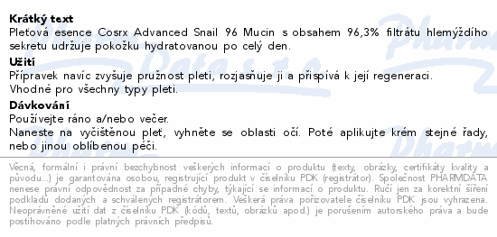 Informace o produktu:<br> COSRX Advanced Snail 96 pleťová esence 100ml