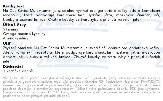 Informace o produktu:<br> VetriScience Nu Cat Senior Multivitamin 30ks