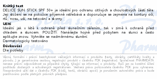 Informace o produktu:<br> Delice Solaire ochranná opal. tyčinka SPF50+ 5.5ml