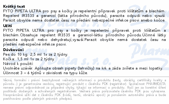 Informace o produktu:<br> PET FYTO PIPETA ULTRA pes do 10kg a kočka 1x15ml