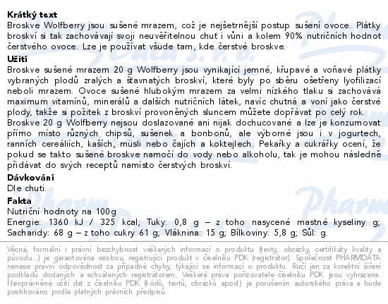Informace o produktu:<br> Broskve sušené mrazem 20g Wolfberry