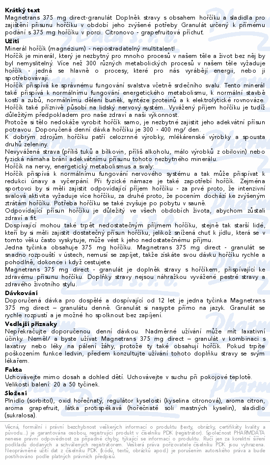 Informace o produktu:<br> Magnetrans Direct 375mg 20 sáčků