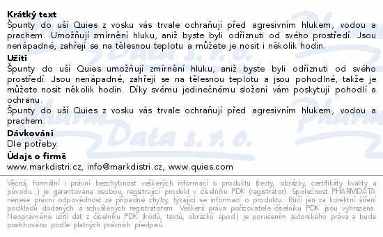 Informace o produktu:<br> Quies chránič sluchu z přírodního vosku 8párů