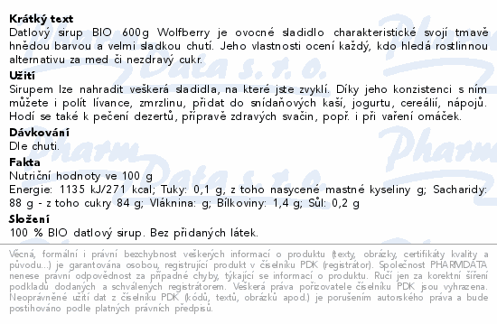 Informace o produktu:<br> Datlový sirup BIO 600g Wolfberry