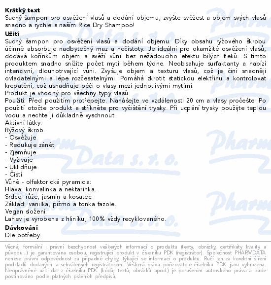 Informace o produktu:<br> Glow Room Rice Dry rýžový suchý šampon 200ml