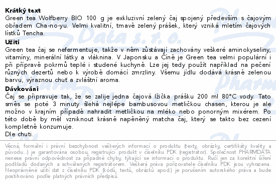 Informace o produktu:<br> Green tea powder BIO 100g Wolfberry