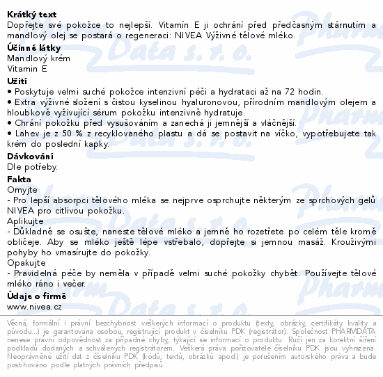 Informace o produktu:<br> NIVEA Body Milk výživné tělové mléko 400ml 80203