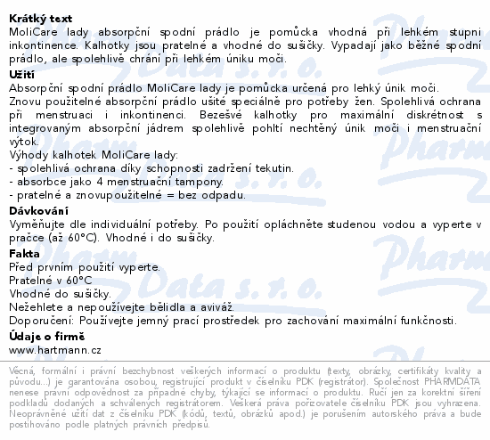 Informace o produktu:<br> MoliCare lady absorpční spodní prádlo M 1ks