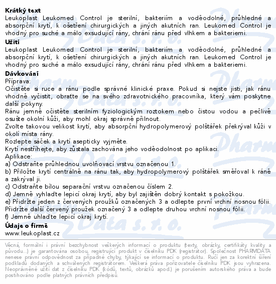 Informace o produktu:<br> Leukoplast Leukomed Control abs.krytí 10x35cm 5ks