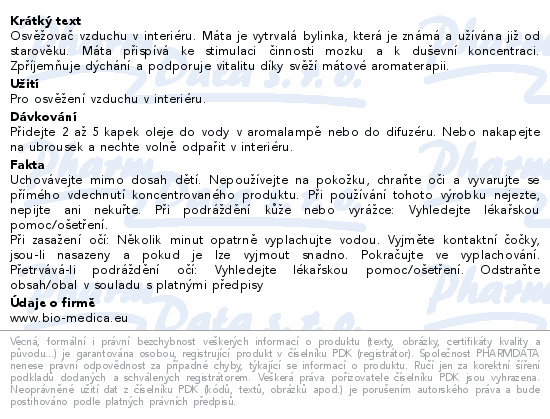 Informace o produktu:<br> Biomedica Esenciální olej Máta 10ml