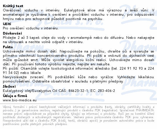 Informace o produktu:<br> Biomedica Esenciální olej Eukalypt 10ml
