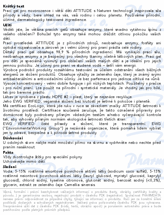 Informace o produktu:<br> ATTITUDE Prací gel pro děti bez vůně 1050ml