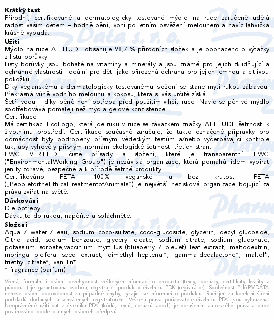 Informace o produktu:<br> ATTITUDE Dětské mýdlo na ruce meloun a kokos 295ml