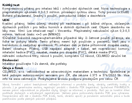Informace o produktu:<br> Inhalátor kompresorový CELIMED C-715 (NB-216C)