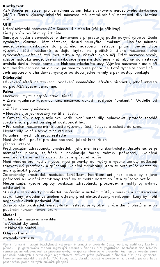 Informace o produktu:<br> A2A Spacer inhalační nástavec s ventilem