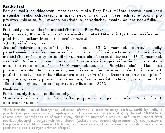 Informace o produktu:<br> Medela sáčky pro skladování mateřského mléka 25ks