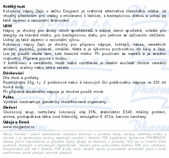 Informace o produktu:<br> Kokosový nápoj Zajíc sáček 400g DOYPACK