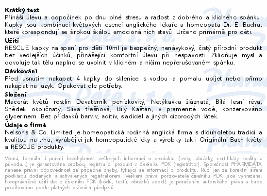Informace o produktu:<br> RESCUE NUIT Kids krizové kapky na spaní 10ml
