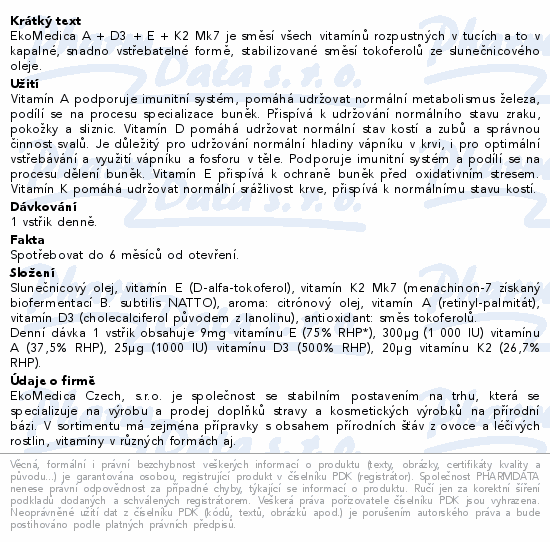 Informace o produktu:<br> Vitamín A+D3+E+K2 Mk7 sprej 30ml EkoMedica