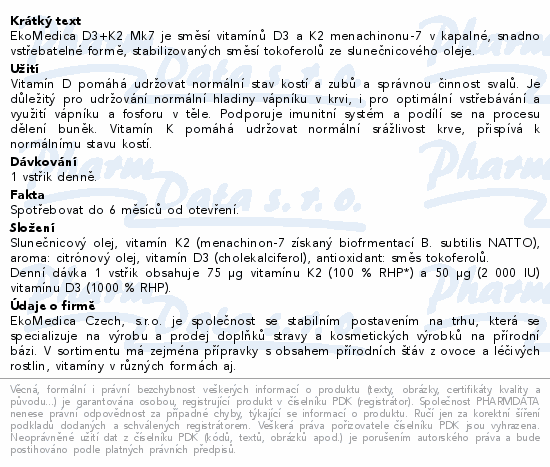 Informace o produktu:<br> Vitamín D3+K2 Mk7 sprej 30ml EkoMedica